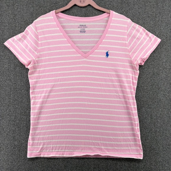 Ralph Lauren Tops - Ralph Lauren Women Pink Stripe V Neck Short Sleeve T Shirt Polo Pony Logo Med